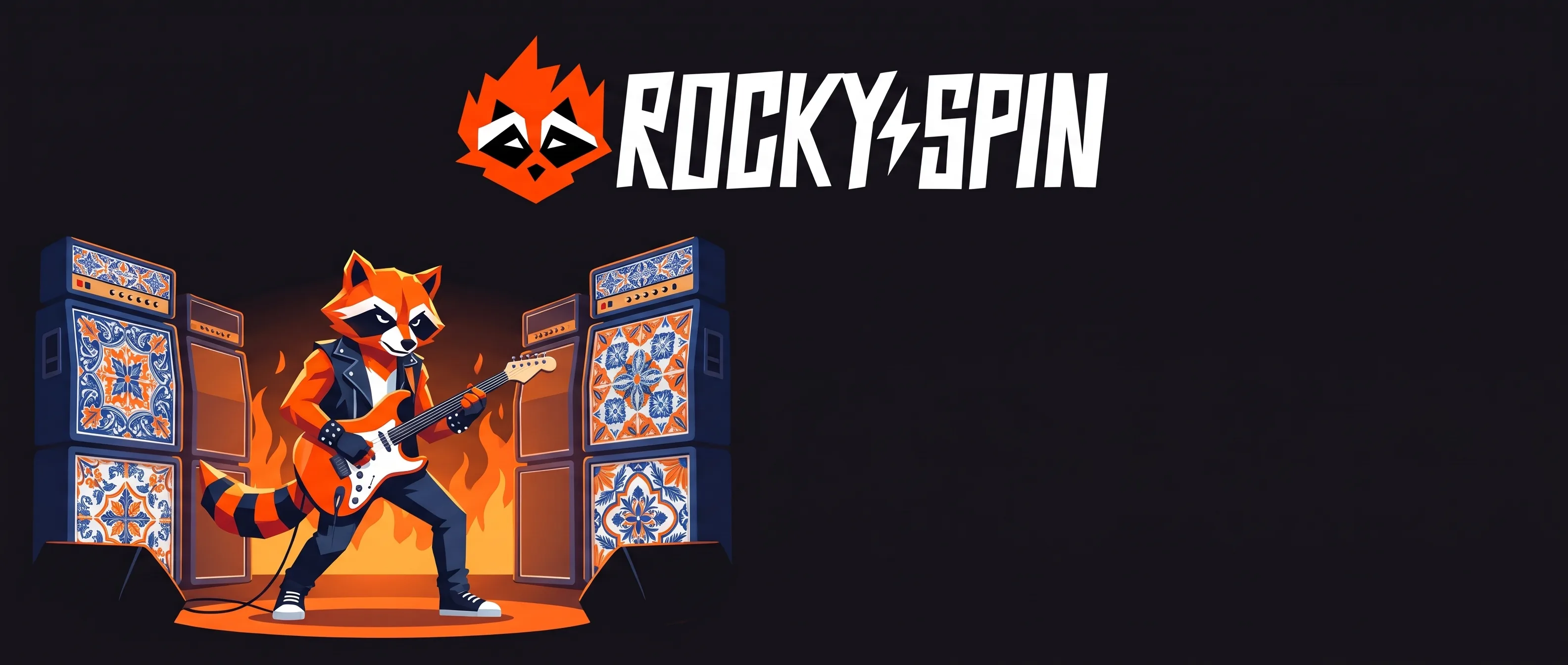 El mapache de RockySpin toca la guitarra entre amplificadores con azulejos azules y naranjas.