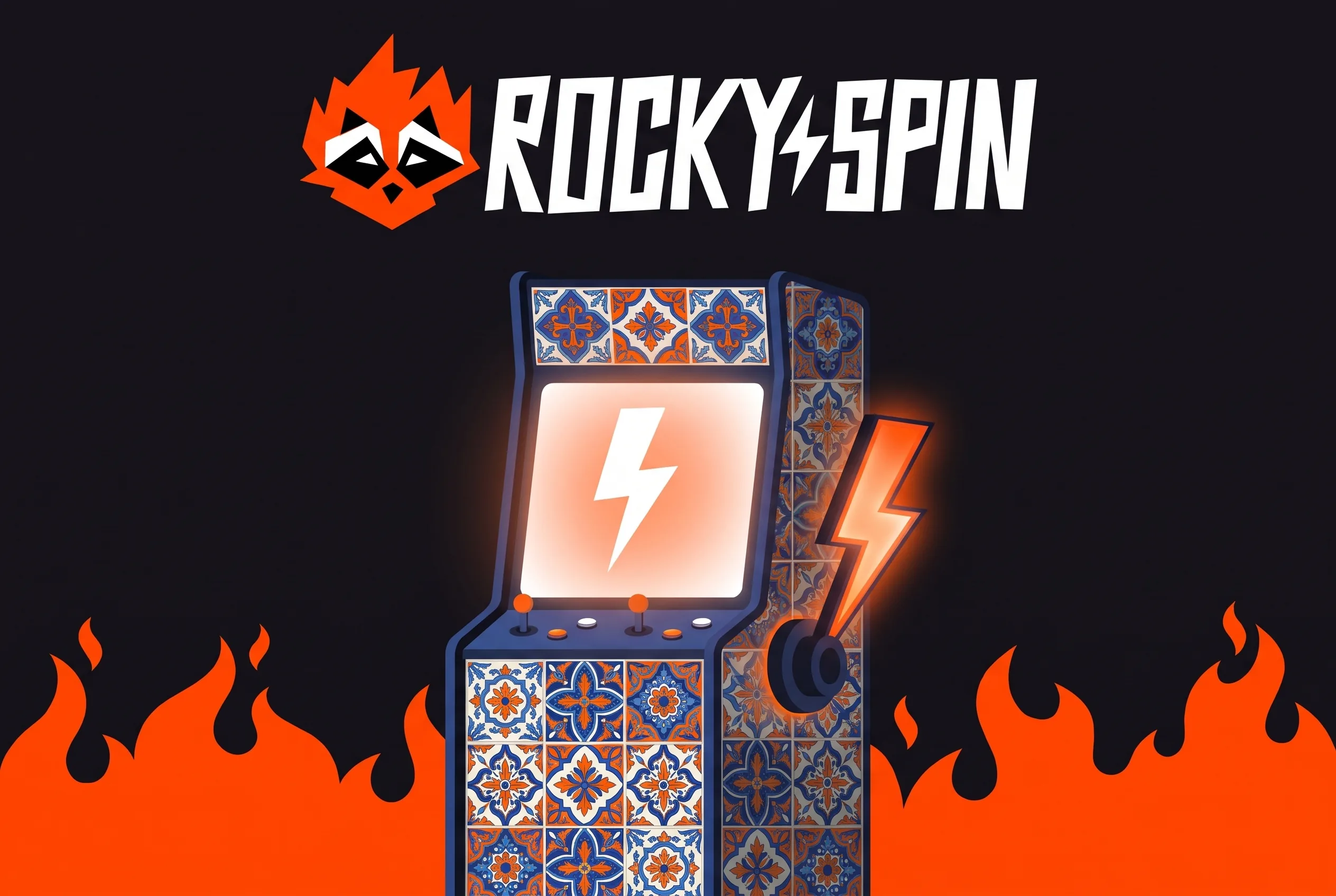 Máquina de slots de RockySpin decorada con azulejos azules, naranjas y un rayo.